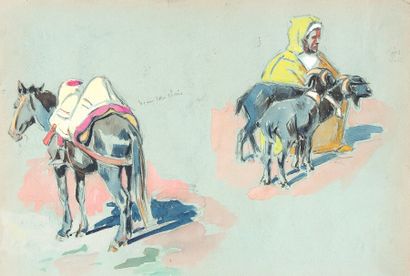 Edouard DOIGNEAU (1865-1951) «Berger avec deux chèvres et son cheval». Crayon, gouache...