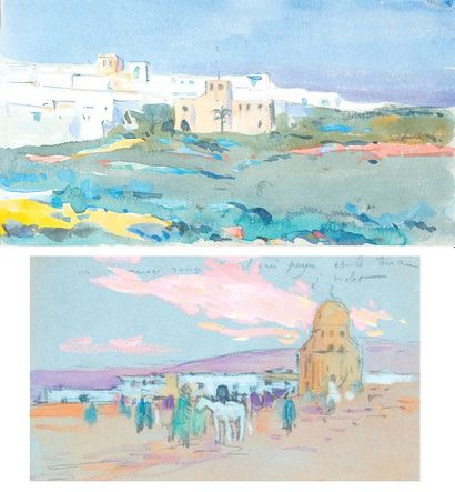Edouard DOIGNEAU (1865-1951) «Vue d'une ville du Maroc». Deux dessins à la gouache...