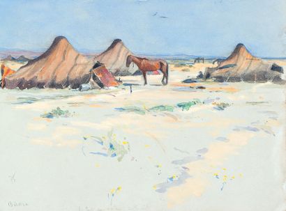 Edouard DOIGNEAU (1865-1951) «Campement dans le désertprès de Biskra ». Crayon, gouache...