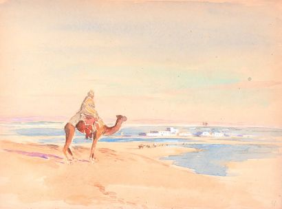 Edouard DOIGNEAU (1865-1951) «Voyageur sur les hauteurs d'une oasis». Crayon, gouache...