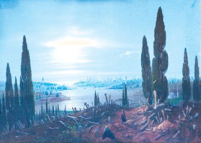 Carlo BOSSOLI (1815-1894) Vue panoramique du Bosphore et Istambul. Gouache, signée...