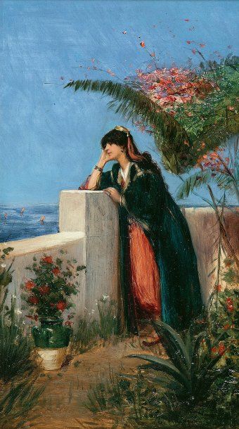 Georges Antoine ROCHEGROSSE (1859-1938) «Rêverie sur la terrasse». Huile sur panneau...