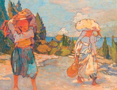 Léon CAUVY (1874-1933) Le retour du marché. Huile sur panneau, signée en bas à droite....