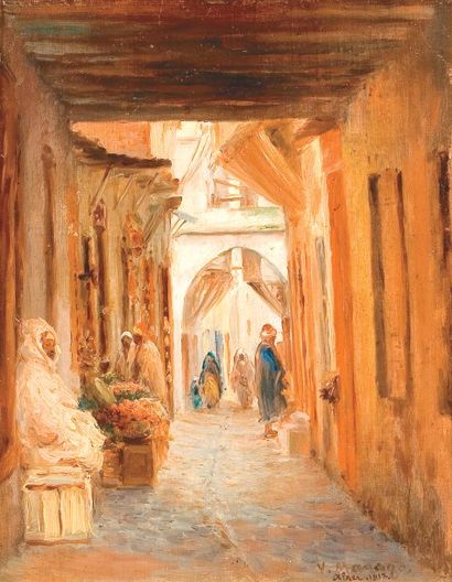 Vincent MANAGO (1880-1936) Ruelle animée dans la Casbah d'Alger. Huile sur carton,...