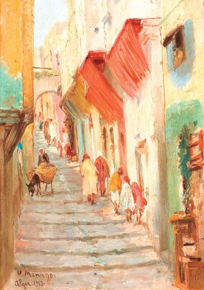 Vincent MANAGO (1880-1936) Escaliers dans la Casbah d'Alger. Huile sur carton, signée,...