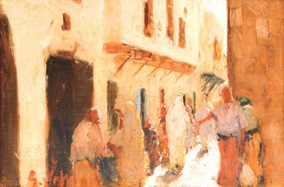 Georges LEMARE (1866-1942) Rue animée en Tunisie. Huile sur panneau, signée en bas...
