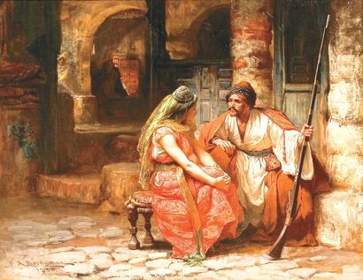 Frédérick Arthur BRIDGMAN (1847-1928) Conversation galante dans une ruelle. Huile...