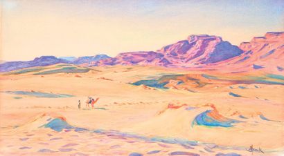 Alphonse BIRCK (1859-1942) «Dunes de sable de Bou-Saâda». Aquarelle, signée en bas...