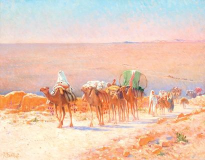 Alexis DELAHOGUE (1867-1936) «Caravane dans désert». Huile sur toile, signée en bas...