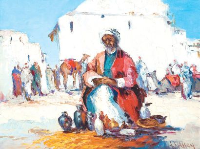Alaloui HASSAN (XXesiècle) Le marchand de porterie à Fèz. Huile sur toile, signée...