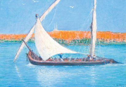 Marie Gabriel BIESSY (1854-1935) Felouque sur le Nil. Huile sur toile, signée en...