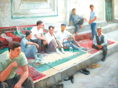 GEN LUIS(1904-1989) «Les fumeurs de narghilé » (Maroc). Huile sur toile, signée en...