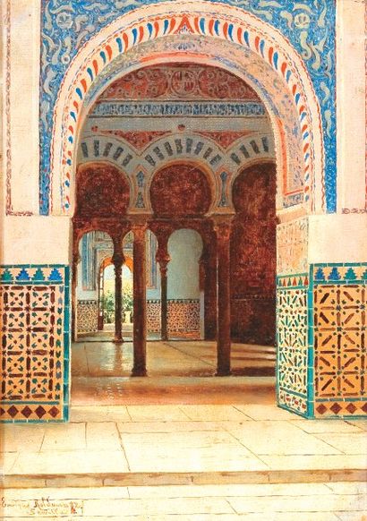 Enrique ROLDAN (XIX-XXesiècle) Patio de l'Alhambra, Séville, 1882. Huile sur toile,...