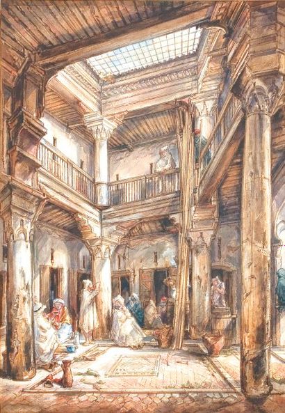 Prosper MARILHAT (1811-1847) Café maure à Tanger, Maroc. Crayon, gouache et aquarelle...