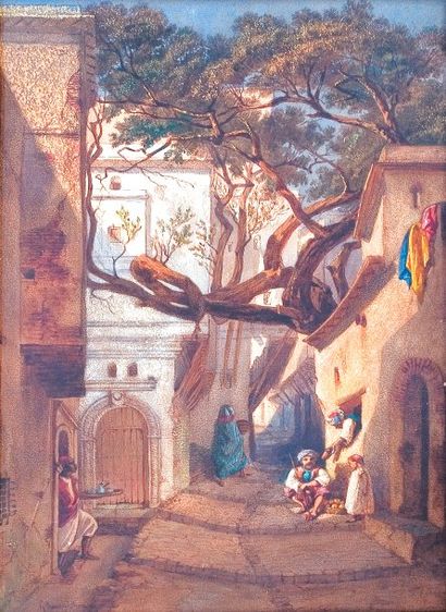 François Edouard BOURNICHON (1816-1896) Scène animée dans la Casbah d'Alger. Aquarelle,...