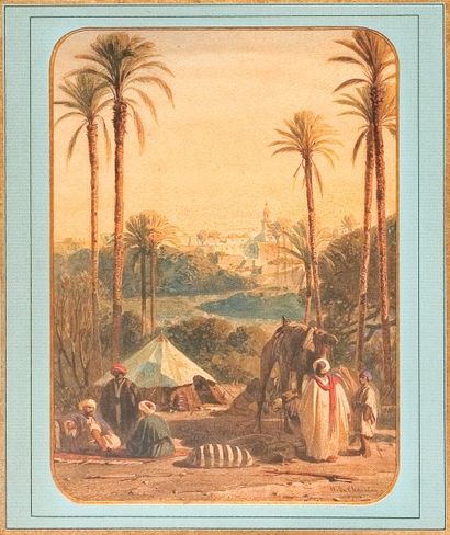 Henri de CHACATON (1813-1886) Campement arabe. Aquarelle, signée en bas à droite....