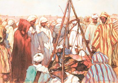 Georges P. GUINEGAULT (1893-?) «Marchands de moutons au Maroc». Gouache, signée en...