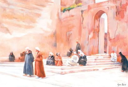 GEN LUIS (1904-1989) «Sortie de la mosquée (Maroc)». Huile sur toile, signée en bas...