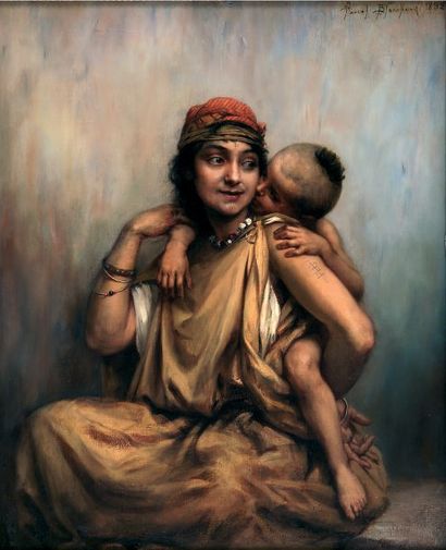 Pascal BLANCHARD (1807-1900) Jeune mère jouant avec son enfant. Huile sur toile,...