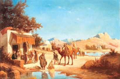 Henri Van WYK (1833-?) La halte de la caravane. Huile sur toile, signée en bas à...
