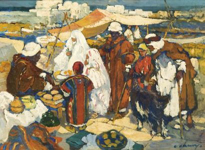 Léon CAUVY (1874-1933) Le Marché sur le Port d'Alger Huile sur panneau, signée en...