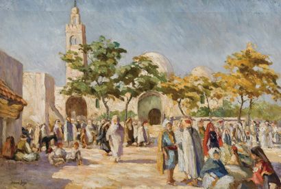 LAZARE LEVY ( dit Lazare Lévy) (1867-1933) Jour de marché à Kairouan Huile sur toile,...