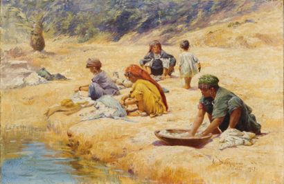Alexis DELAHOGUE (1867-1950) Lavandières au bord de l'Oued Huile sur toile, signée,...