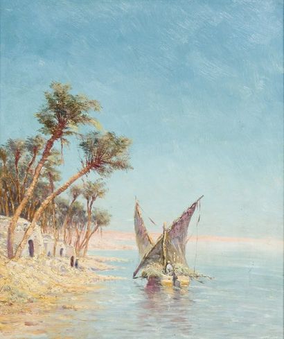 J. WOEHLER (XXème siècle) Felouque sur le Nil Huile sur panneau d'acajou 45 x 34...