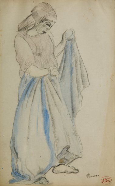 André SUREDA (1872-1930) Jeune femme au voile bleu Technique mixte sur papier, monogrammée...