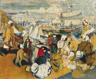 Léon CAUVY (1874-1933) Le Port d'Alger Huile sur toile, mise aux carreaux, non signée....