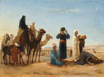 Louis MOUCHOT (1830-1891) La Prière devant le Tombeau des Califes Huile sur panneau,...