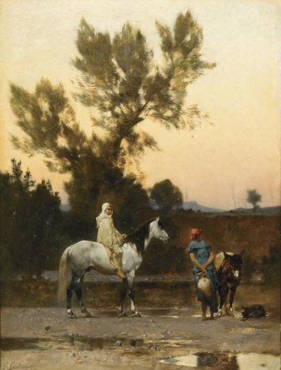 Gustave GUILLAUMET (1840-1887) Au bord de l'Oued, Le soir Huile sur panneau d'acajou,...