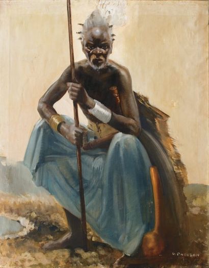 Gaston PARISON (1889-?) Guerrier africain Huile sur toile signée en bas à droite...