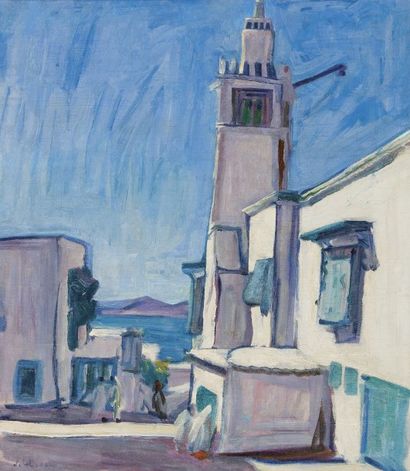 Jules LELLOUCHE (1903-1963) Sidi Bou Saïd Huile sur toile, signée en bas à gauche....