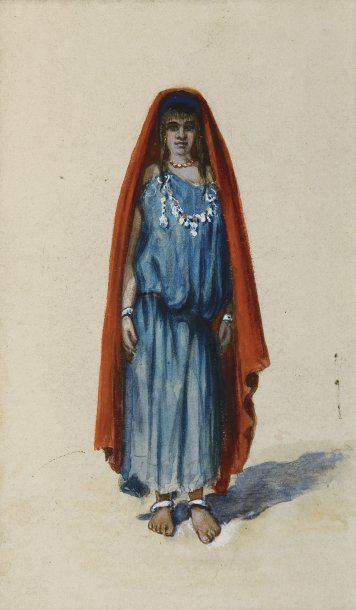 Charles LALLEMAND (1826-1904) Jeune tunisienne Aquarelle. 15,5 x 10 cm (à vue). Aquarelliste...