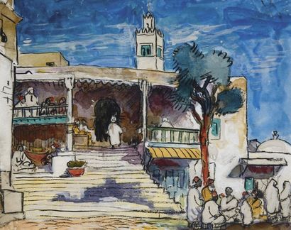 Gérardus HUYSSER (1892-1970) (Attribué à) Le Café des Nattes, Tunis, 1925 Aquarelle....