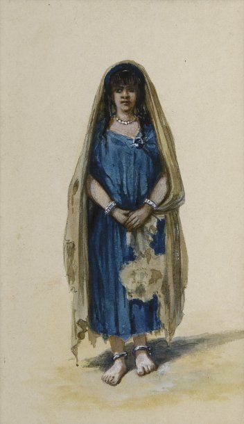 Charles LALLEMAND (1826-1904) Jeune tunisienne Aquarelle. 15,5 x 9 cm (à vue). Aquarelliste...