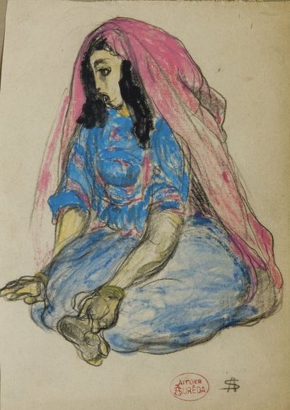 André SUREDA (1872-1930) Jeune femme assise Technique mixte sur papier, monogrammée...