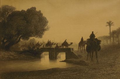 Charles Théodore FRERE (1814-1888) L'arrivée de la Caravane Fusain et estompe, signé...