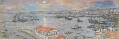 Henri D'ESTIENNE (1872-1949) Port d'Alger au soleil levant Pastel, signé en bas à...