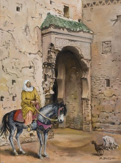 Marcel BUSSON (né en 1913) Cavalier méditant devant une vieille porte à Erfoud, Maroc...