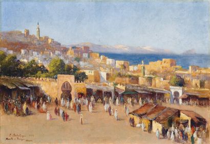 Eugène DELAHOGUE (1867-1935) Marché à Tanger, Maroc Huile sur toile, signée, datée...