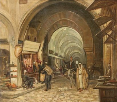 Georges C. MICHELET (1873-?) Entrée du Souk Huile sur toile, signée en bas à droite....