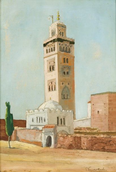 P. VAN DERMADEN (Ecole du XXème siècle) La Koutoubia de Marrakech Huile sur toile,...