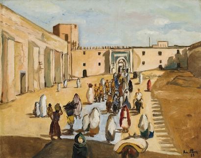 Louis ANCILLON (1900-1987) Place animée, Maroc 485 Huile sur toile marouflée sur...