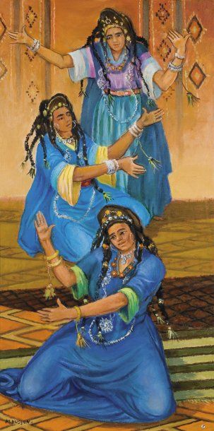 Marcel BUSSON ( né en 1913) Trois danseuses de Guedra à Ouarzazate, Maroc Huile sur...