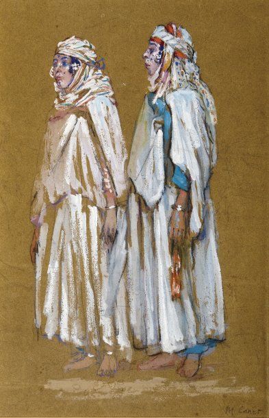 Marcel CANET (1875-1958) Jeunes femmes berbères Gouache sur trait de fusain, signée...