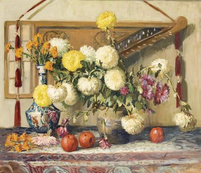 Georges C. MICHELET (1873 - ?) Nature morte aux fruits et aux dahlias Huile sur toile,...