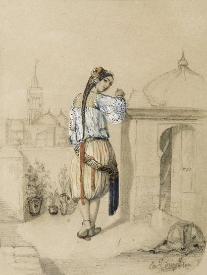 Emmanuel Joseph LAURET (1809-1882) Jeune femme d'Alger sur une terrasse. Aquarelle,...