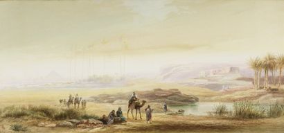 Frédéric GOODALL (1822-1904) Caravane aux pieds des Pyramides. Aquarelle, monogrammée...